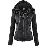 Lock and Love Women's Faux Leather Moto Biker Jacket Coat with Removable or Non-Removable Hood