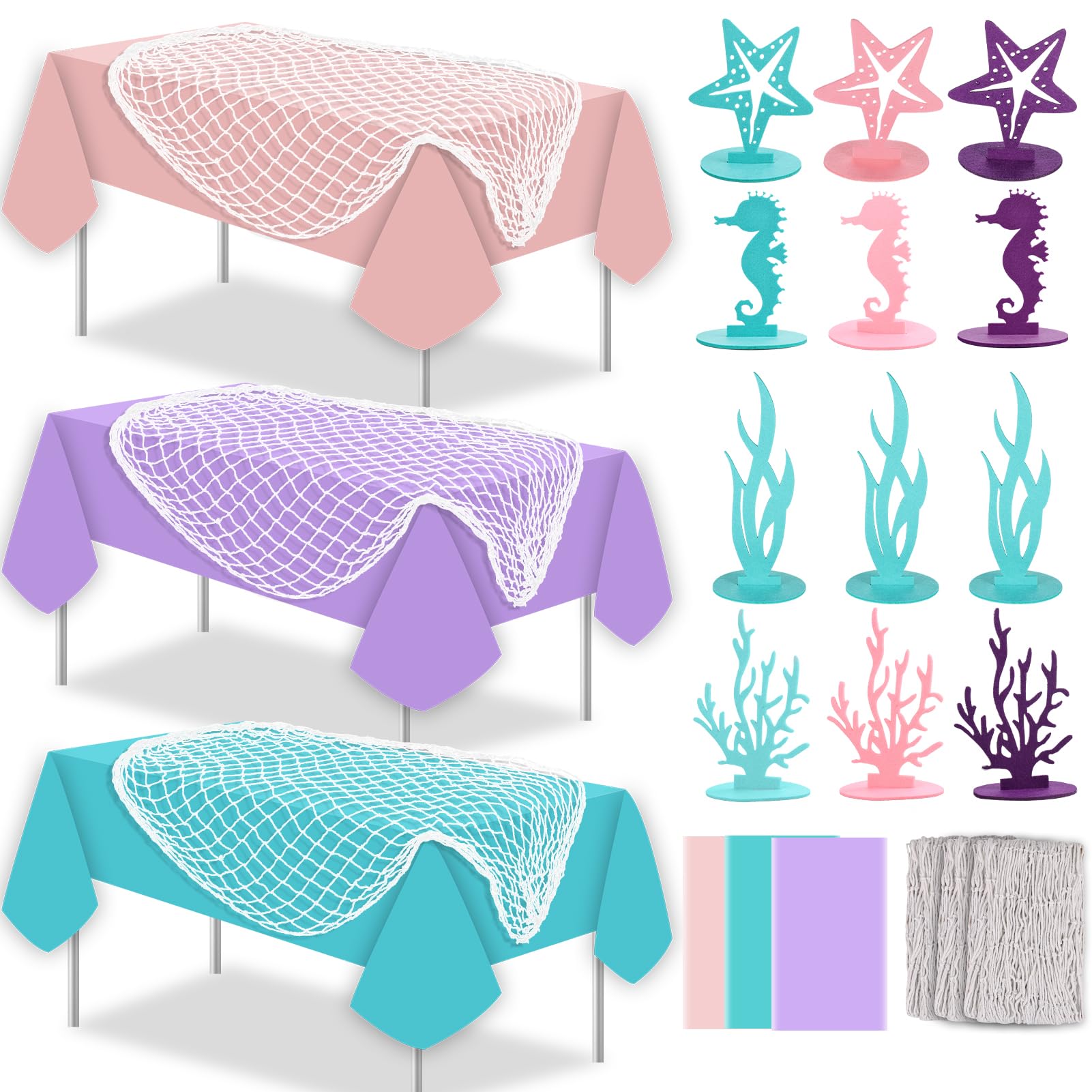 Photo 1 of 6 Pcs Fish Net Decorative Tablecloth Set, Ocean Waves Plastic Tablecloths Cotton Fish Net Mermaid Decorations Felt Table Centerpiece for Nautical Themed Birthday Baby Shower Pirate Party Decorations