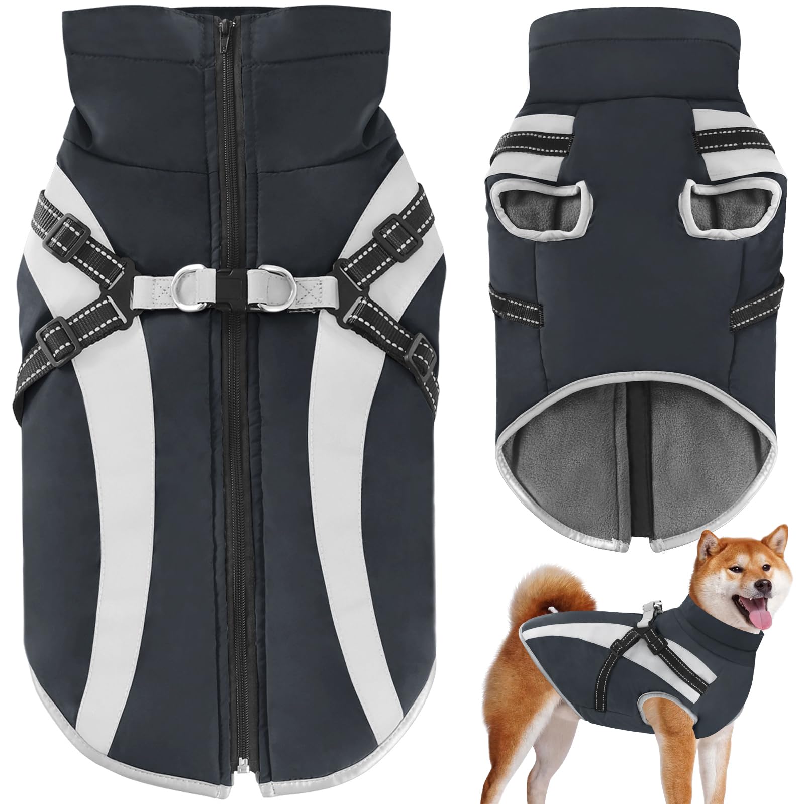 Oslueidy Waterproof Dog Coat with Harness,Winter Warm Jacket Windproof Pet Clothes Snowsuit Dog Jackets for Small Medium Large Dogs XL-6XL (Black, XL)