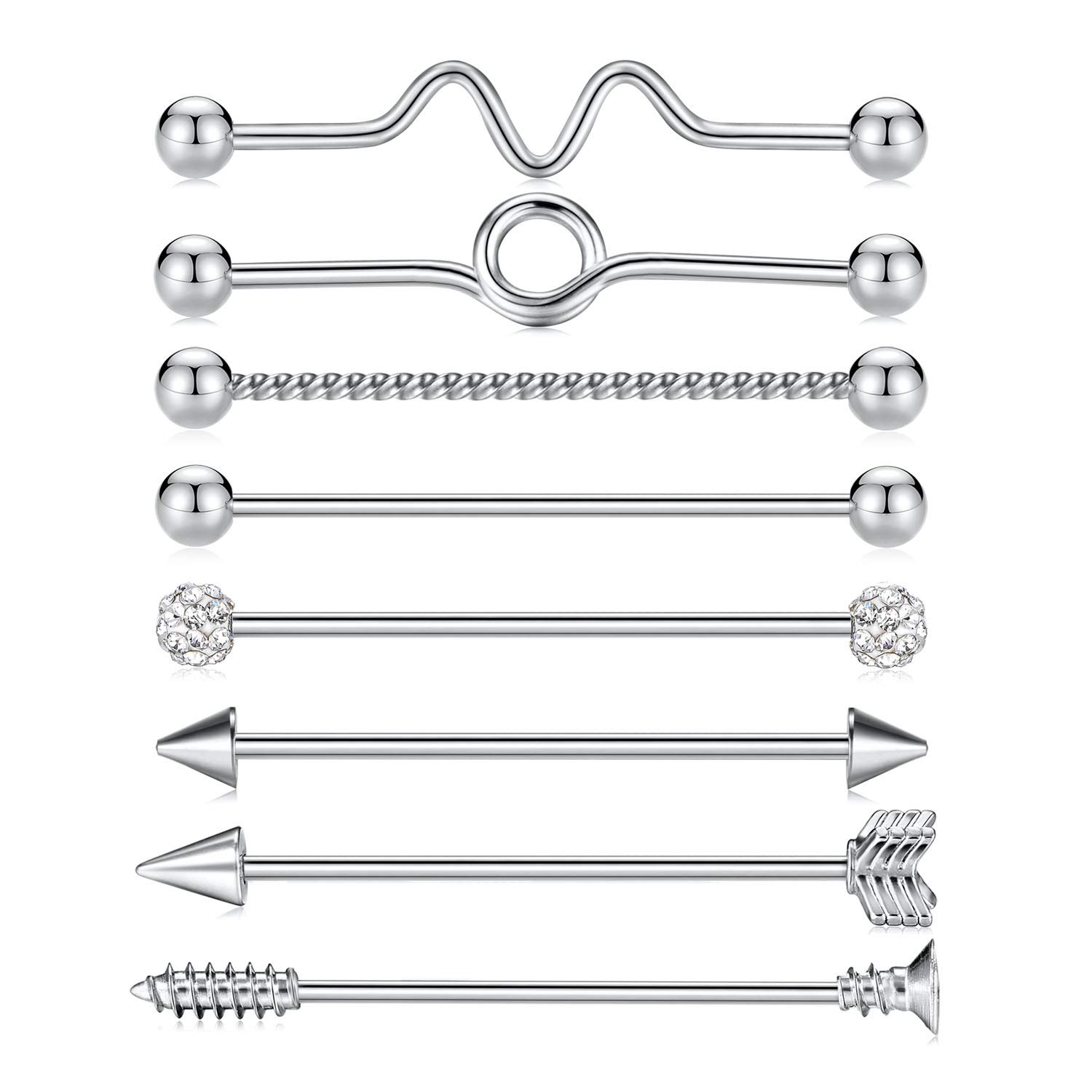 Kzslive 14G 8 PCS Industrial Barbell Jewellery Surgical Steel for Women Men Cartilage Earring Body Piercing 1 1/2 Inch 38mm Steel