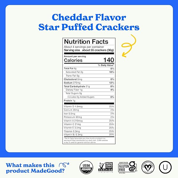 MADEGOOD CHEDDAR STAR PUFFED CRACKERS (6 BAGS – 4.26 OZ EACH) GLUTEN FREE AND ORGANIC, HEALTHY SNACKS