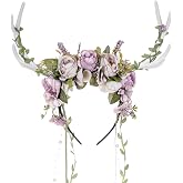 MOSTORY Woodland Flower Antler Headband - Fairy Reindeer Headpiece with Vines for Renaissance Accessories Women Cosplay
