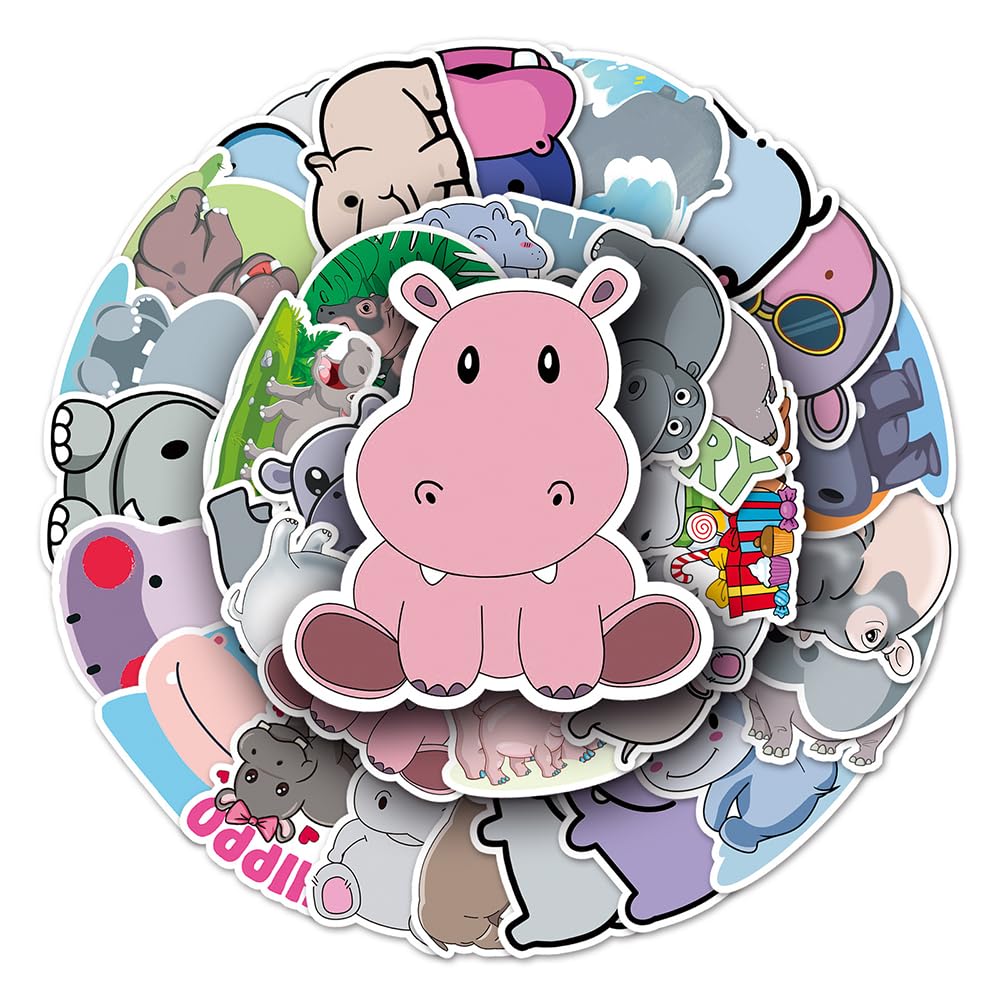 Cute Hippo Vinyl Stickers, 50 PCS Waterproof Cartoon Animal Decals for Laptops, Scrapbooking, Journals, Notebooks, Water Bottles, Suitcases, Phones & DIY Decor