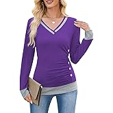 Women Tunic Tops Dressy Casual Color Contrast Long Sleeve Blouse V Neck Shirts Pleated Slim Top