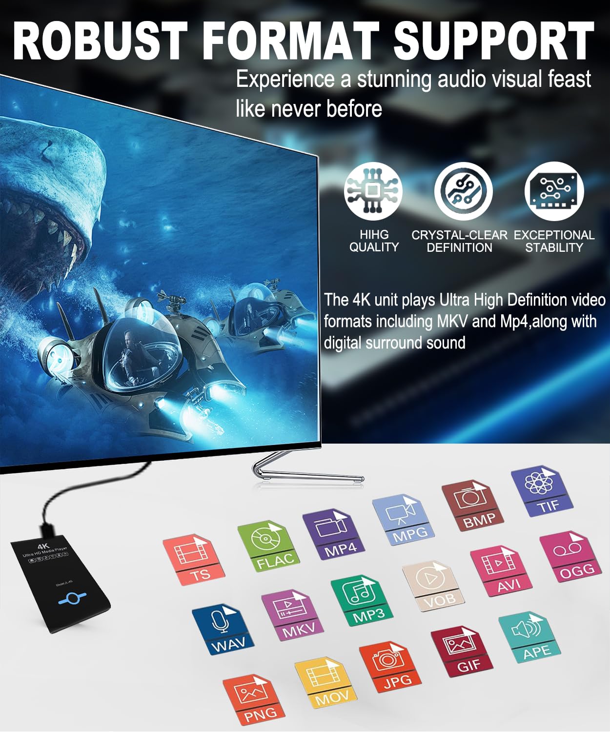4K Ultra HD Media Player & HDD Enclosure 2-in-1 - Play H.265/HEVC H.264/AVC MP4 MKV Videos MP3 Music JPG Photos, 4K 60fps HDMI, Analog AV Etc,Supports 2