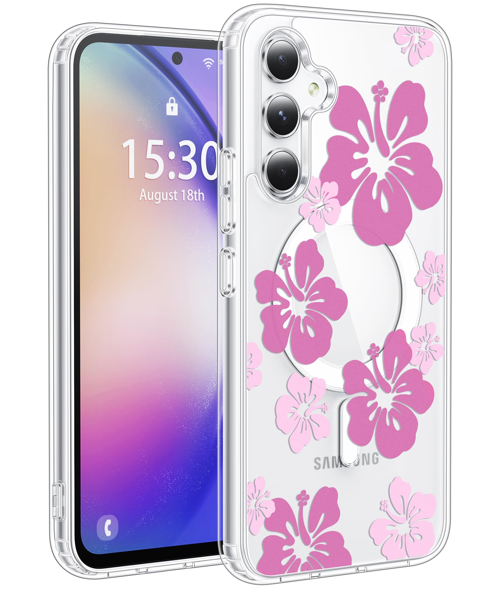 Jkvare for Samsung Galaxy A54 Case Compatible with MagSafe, Crystal Clear Aesthetic Pattern Wireless Magnetic Protective Phone Cover for Women Girls - Pink Hibiscus