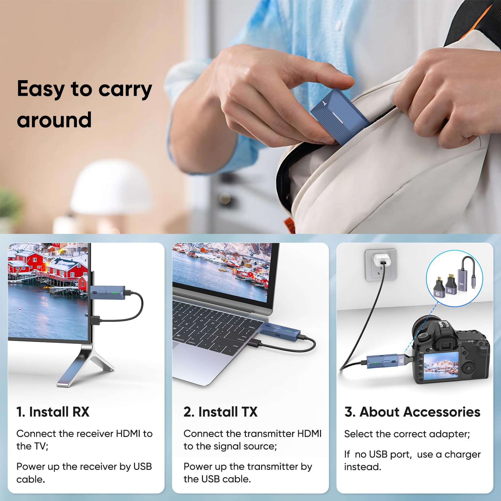 Wireless HDMI Transmitter and Receiver 4k, Wireless HDMI Extender for Seamless High-Definition Streaming from Laptop/PC/TV Box to Monitor/TV/Projector, 4K Decoding 1080P Out, Plug & Play