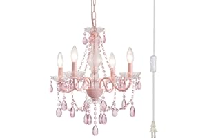AMZASA Plug in Crystal Pink Chandelier, Not acrylic Crystal,Mini 4 Lights for Girls Room,Pink Crystals Hanging Pendant Light with Clear Cord and On/Off, Chandelier for wedding, Kitchen, Dining,Foyer,Island