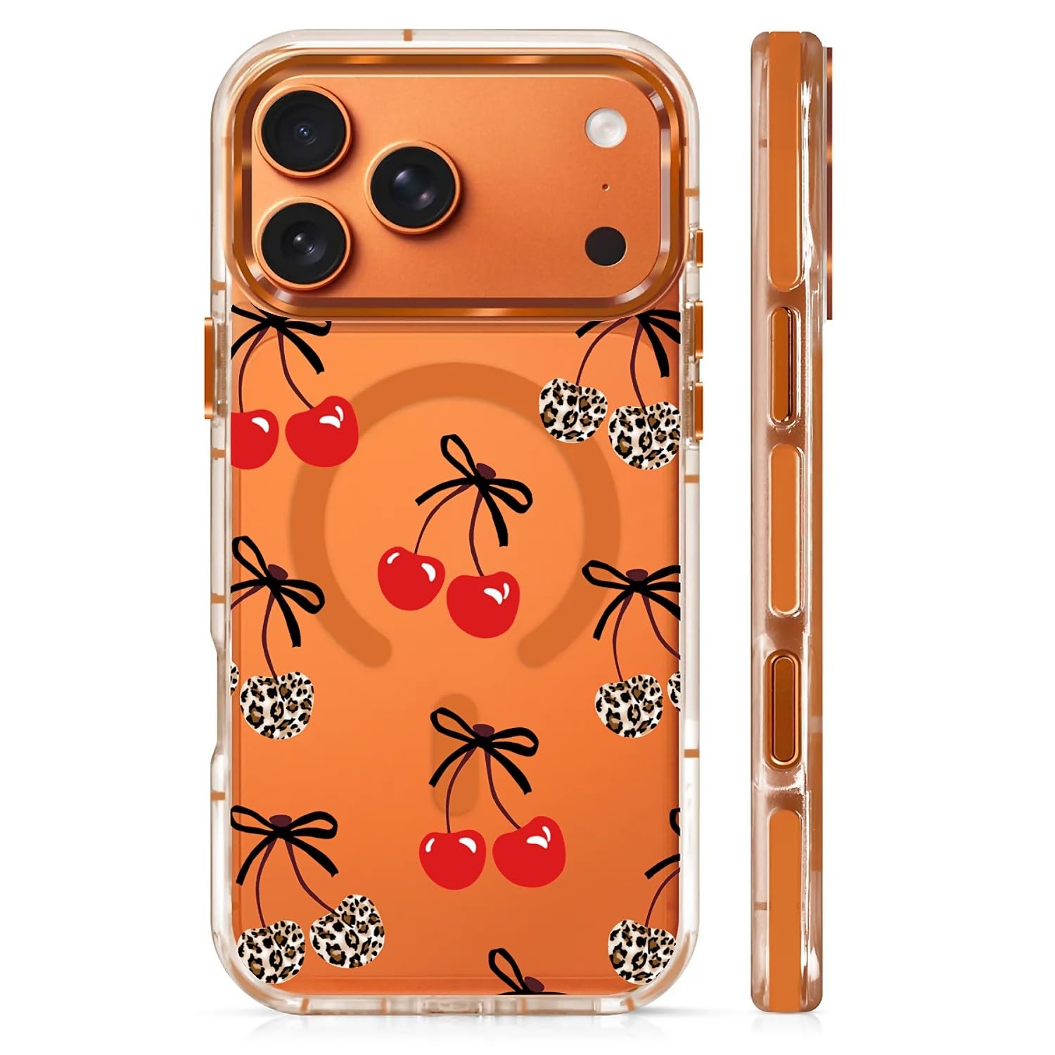 OKBUOK for iPhone 17 Pro Max Case [Compatible with Magsafe],Clear Magnetic Case Silicone Shockproof Protective Cover with Pattern Orange Leopard Print Cherry