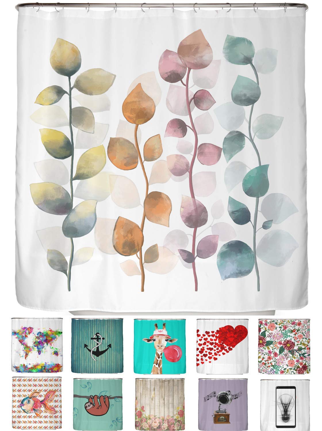 arteneur® - Colourful leaves - anti-mould shower curtain 200 x 220 cm with Oeko-Tex Standard 100 - weighted hem, opaque, waterproof, washable, 12 rings and e-book (English language not)