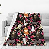 Cat Flower Throw Blanket Soft Flannel Blanket 60"x50" in Bed Blanket Home Decor for Room Sofa Couch All Season