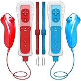 HZIME Replacement Remote Controller Compatible for Wii & Wii U, Built-in 2 in 1 Motion Plus with Silicon Case and Nunchuck (2 Pack Blue & Red)