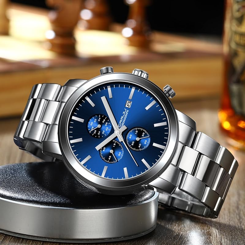Orologi da polso da uomo eleganti e casual, al quarzo, di lusso, impermeabili, con calendario, cronografo, movimento giapponese, S blu argento, classico