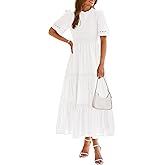 dowerme Summer Dresses for Women 2025 Casual Boho Hollow Out Short Sleeve Ruffle Mock Neck Smocked Maxi Gingham Sundress