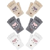 Bencailor 3 Pair Kids Fingerless Winter Gloves Convertible Flip Top Gloves Cat Paw Mitten for Girl Toddler Youth Teenagers