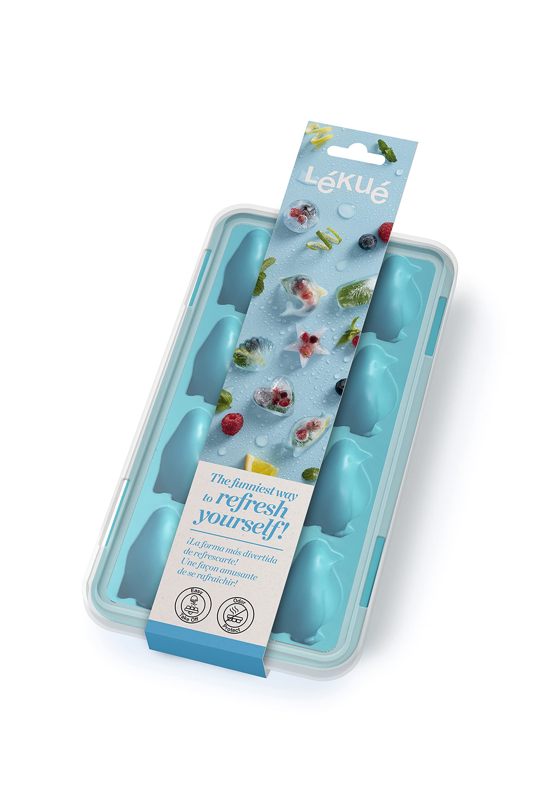 Lékué Ice Cube Tray Blue Penguin SBS Rubber with lid 11,3 x 22 x 3 cm