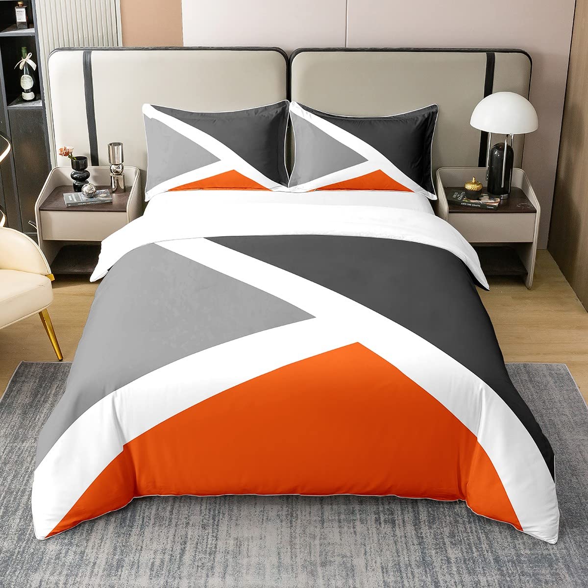 Kids Geometric Abstract Cotton Duvet Cover Set Single Size Grey Orange Stripe Comforter Cover Set for Kids Women Men Modern Triangle Decor Bedding Set Bedspread Cover Bedding Collection 2Pcs
