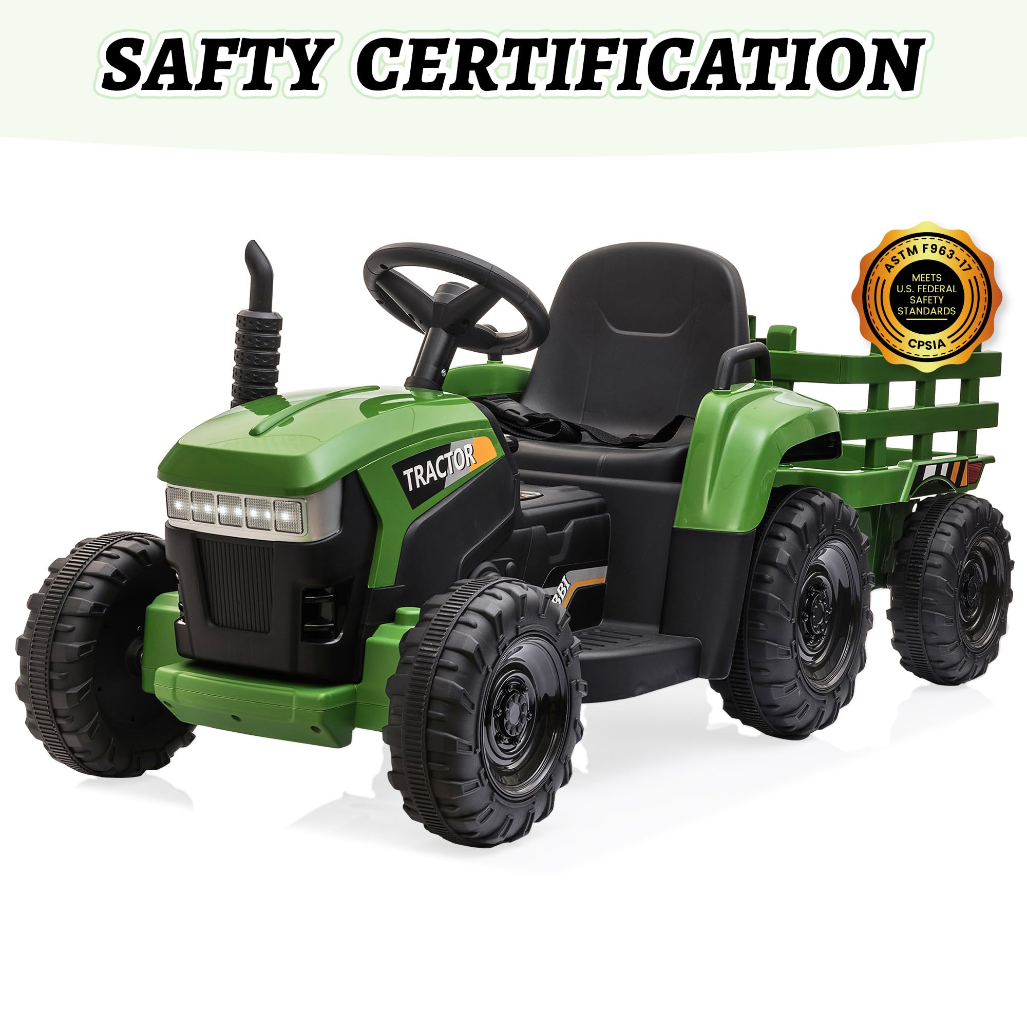 TOBBI Kids Electric Ride On Toy Tractor, 12v Battery-Powered 4 Wheels Ride On Car with Trailer, 35W Dual Motors/3-Gear-Shift/LED Lights/USB Audio Functions for Toddlers 3-6 Years-Dark Green