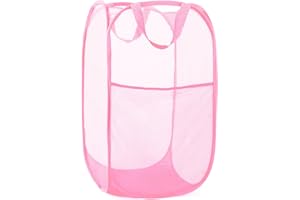 BEMKOO Durable Collapsible Laundry Baskets - Reinforced Mesh Pop Up Laundry Hamper with Side Pocket, Foldable Clothes Storage Hamper with Carry Handles for Laundry, Bathroom, Kids Room, Dorm or Travel Pink