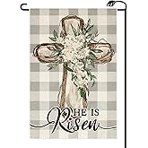 Easter He Is Risen Garden Flag 12x18 Inch Vertical Double Sided Cross Lily Buffalo Plaid Small Flags Farmhouse Outside Decoration For Yard (ONLY FLAG) FH25