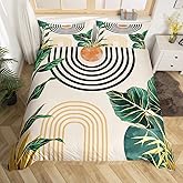 Erosebridal Mid Century Boho Comforter Cover Queen Size Abstract Art Simple Duvet Cover,Minimalist Tropical Palm Leaves Bedding Set Modern Bohemian Aesthetic Bed Set,Green Gold