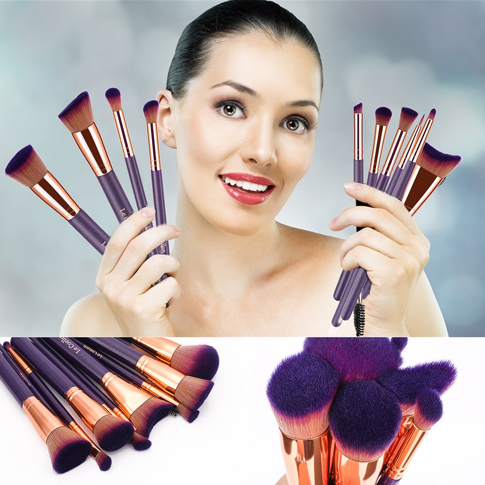 Le Coellon Antibacterial Makeup Brushes Set, 12PCS Premium Synthetic Face Foundation Powder Blending Blush Concealers Eyeshadow Eyebrow Eyeliner Lip Brush Kabuki Brushes Set with Carrying Case Purple