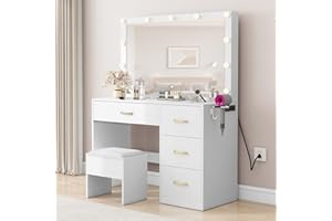 DWVO Makeup Vanity with Lighted Mirror, Vanity Desk with Power Strip, Adjustable Lighting, 4 Drawers, and Cushioned Stool for Bedroom, Dressing Room