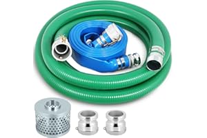 Picatu Heavy Duty 2" x 50' Blue PVC Discharge Hose & 2" x 20' Green PVC Suction Hose Pump Kit, Backwash Hose with Aluminum Camlock Fittings, Steel Round Strainer, Cam & Groove Adapter
