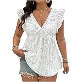 SweatyRocks Women's Plus Size Eyelet Tops Lace V Neck Ruffled Sleeve Peplum Tank Blouse top