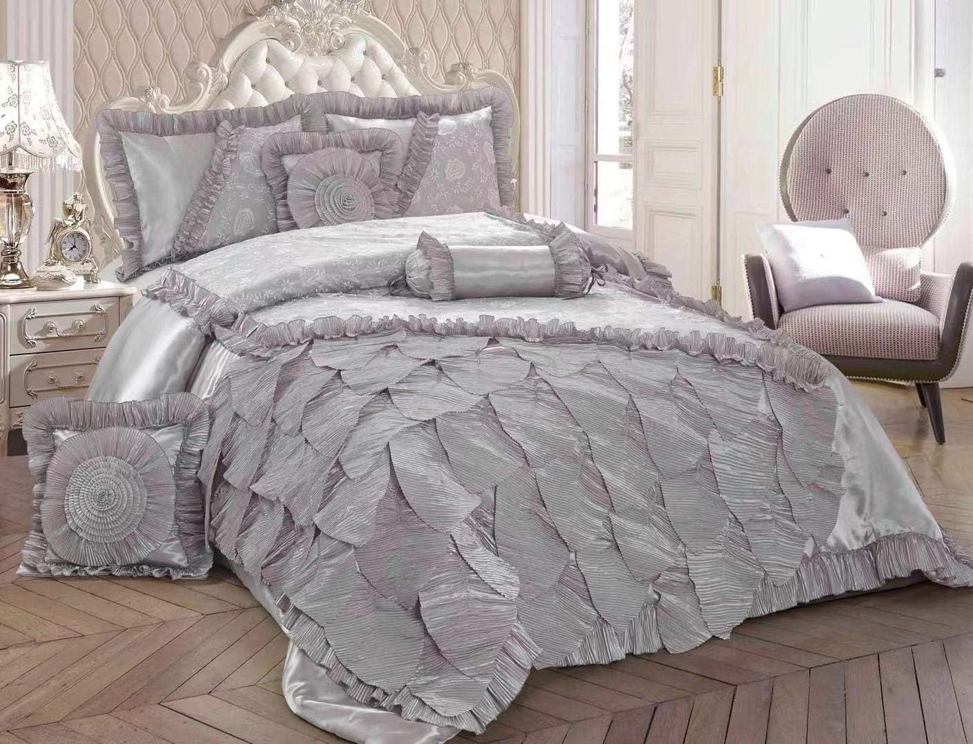 Tache VEHYZ102-K Silver Rose Petals Faux Satin Lace Pleated Floral Ruffles Luxury Romantic Victorian Comforter Set, King