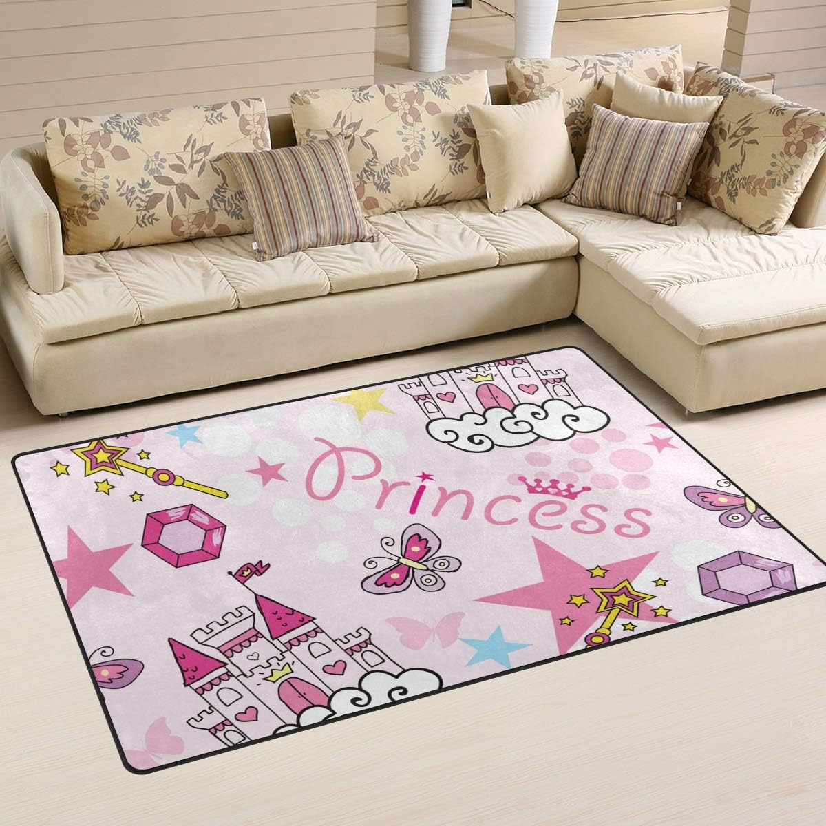 FOLPPLY Cute Princess Castle Crown Pink Area Rug, Non-Slip Carpet Floor Mats for Indoor Outdoor Front Door Bathroom Home Decor, 3' x 5'