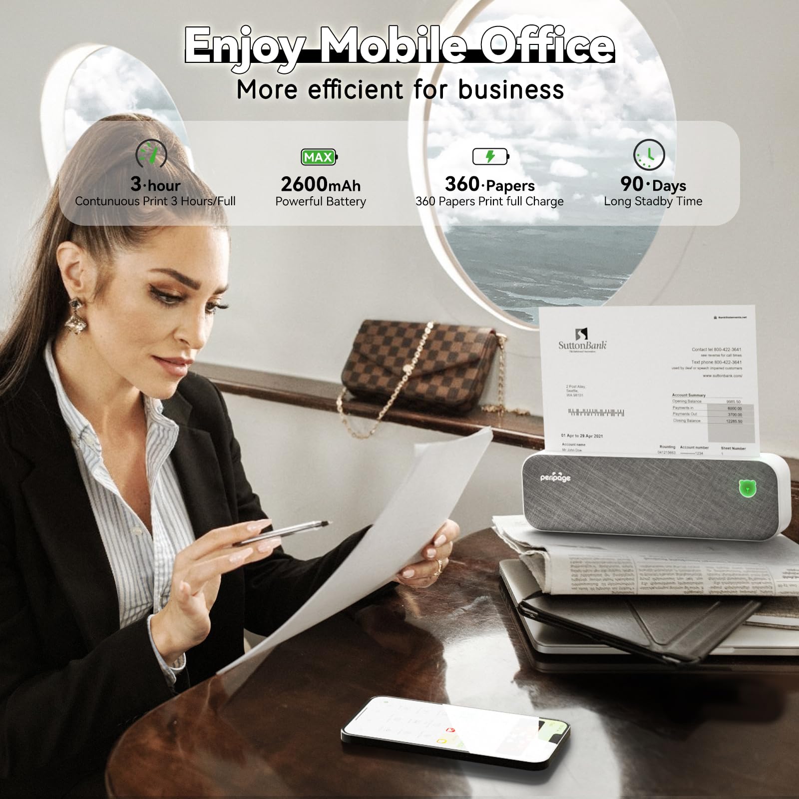 PeriPage A40 Thermal Inkless Portable Printer, Supports US Letter & Legal Length, Wireless Bluetooth Mobile Travel Compatible with Android and iOS, Prints Documents,Tattoo Paper, Photos Grey