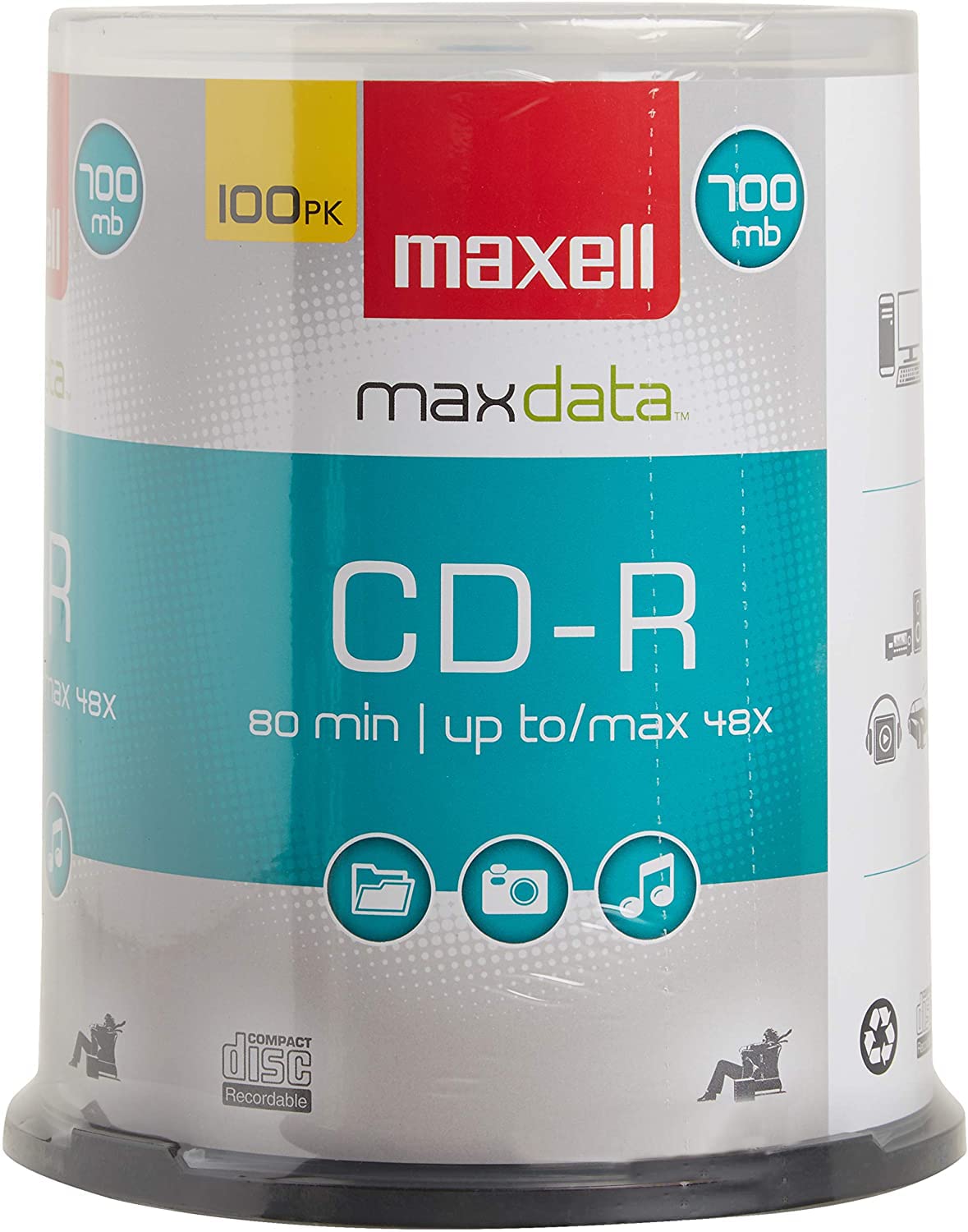 Photo 1 of Maxell 648200, Premium Quality Noise free Surface Playback Recordable CDs 700Mb Storage – 2x to 48x, Write Speed 80 minutes - Blank CDs, CD Storage & Reusable Spindle Case Holder – 100 Pack