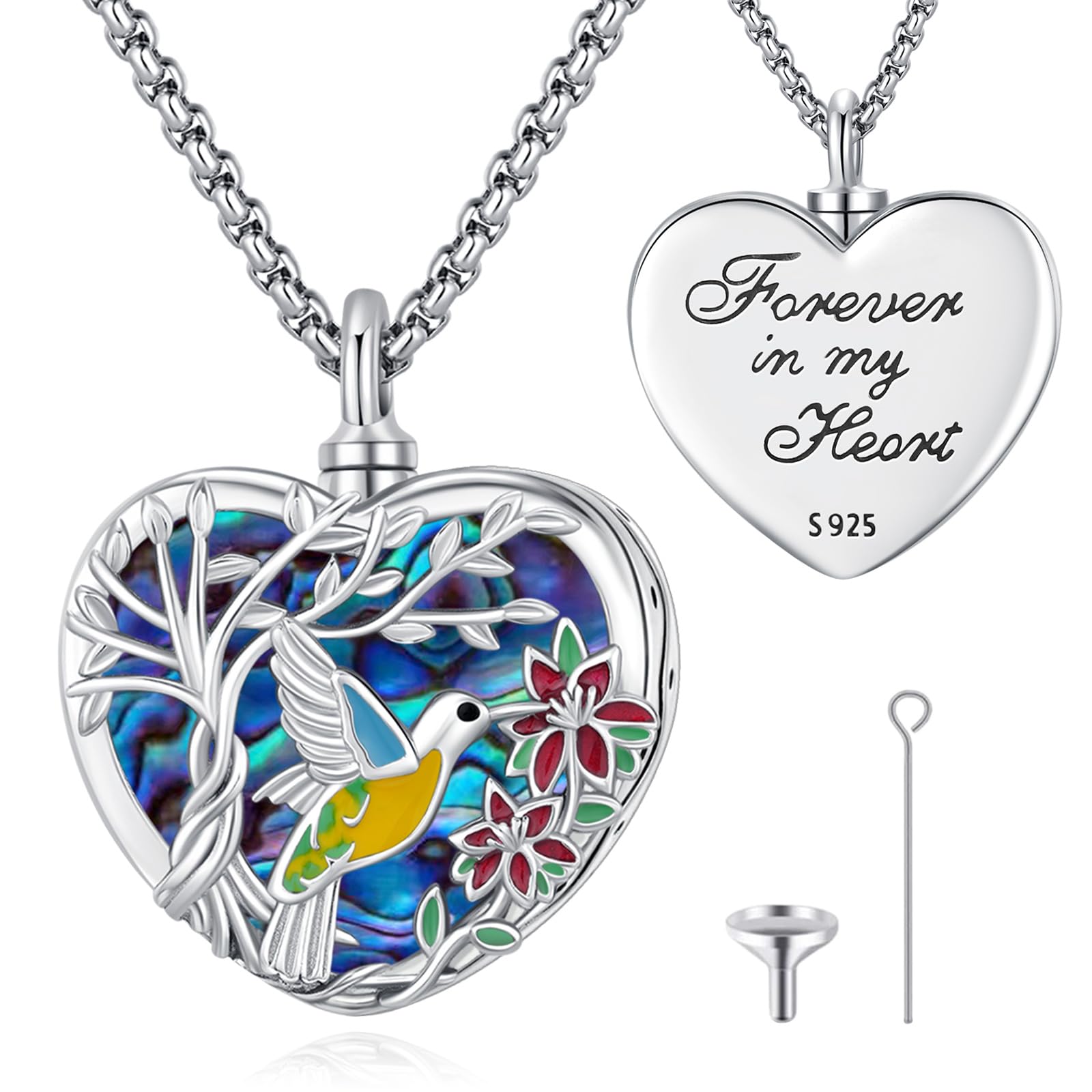 Eusense Hummingbird Urn Necklace Tree of life Urns Pendant 925 Sterling Silver Urn Necklace for Ashes Jewelry Memorial Ashes Pendant for Women Men Human Pet Dog Cat Keepsake