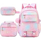 Tecoloy 3PCS Backpack for Girls, Girls Backpack for School with Lunch Box Pencil Case, Cute Kids Teens Bookbag for Kindergarten Elementary Preschool Middle School Gradient Pink
