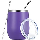 MEWAY Stemless 12oz Wine Tumbler Glasses with Lid -Insulated Double Wall Vacuum Stainless Steel Travel Tumbler with Straw,for Woman Under 10 dollars (Purple,1)