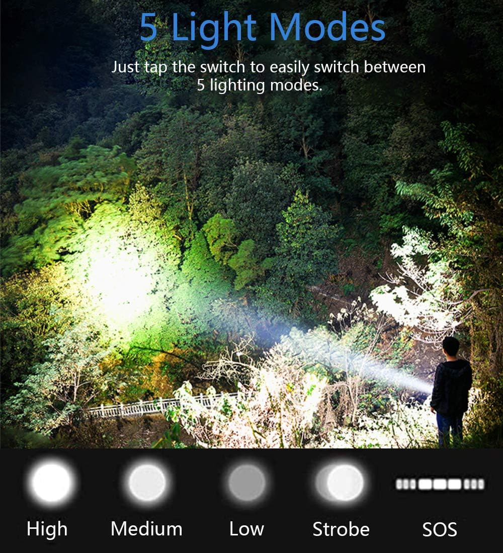 Helius LED tactical flashlight 3000 lumens, 5 Modes, rechargeable, Zoomable, Power Display, Waterproof, flashlights for emergencies, Handheld Light - Apply to Camping/Hiking/military/running etc - - 