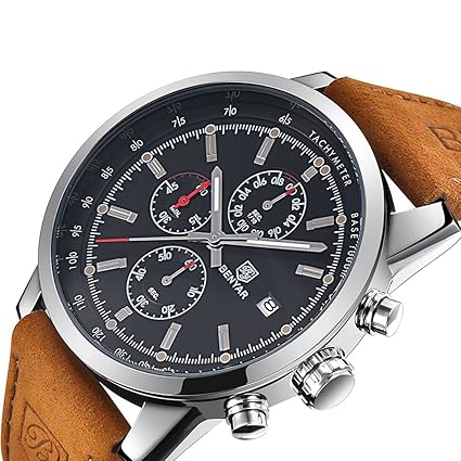 FOVICN Mens Fashion Business Quartz Watch with Brown Leather Strap Chronograph Waterproof Date Display Analog Sport Wrist Watches Black