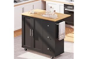 SUNLEI Kitchen Island on Wheels with Storage Cabinet & Foldable Drop Leaf, Rolling Kitchen Table, Cart Handle for Towel Rack, Drop Leaf, Portable Islands for Kitchen (Classic Black, 39.7-INCH)…