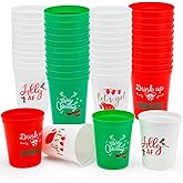 Ainibar 24 Pack Christmas Party Cups - 16oz Reusable Red, Green & White Plastic Stadium Cups with 4 Festive Pun Designs, Ideal for Holiday Celebrations