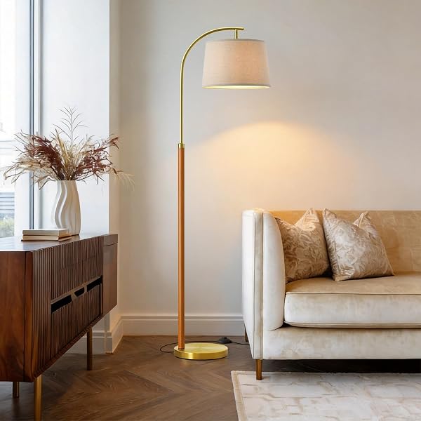 G-SAFAVA 62.5″ WOOD FLOOR LAMP FOR LIVING ROOM GOLD WITH FOOT SWITCH ARC STANDING TALL LAMPS FOR BEDROOM MID CENTURY MODERN CORNER FLOOR LAMPS FOR OFFICE NURSERY INDUSTRIAL READING LIGHT ROOM LAMP