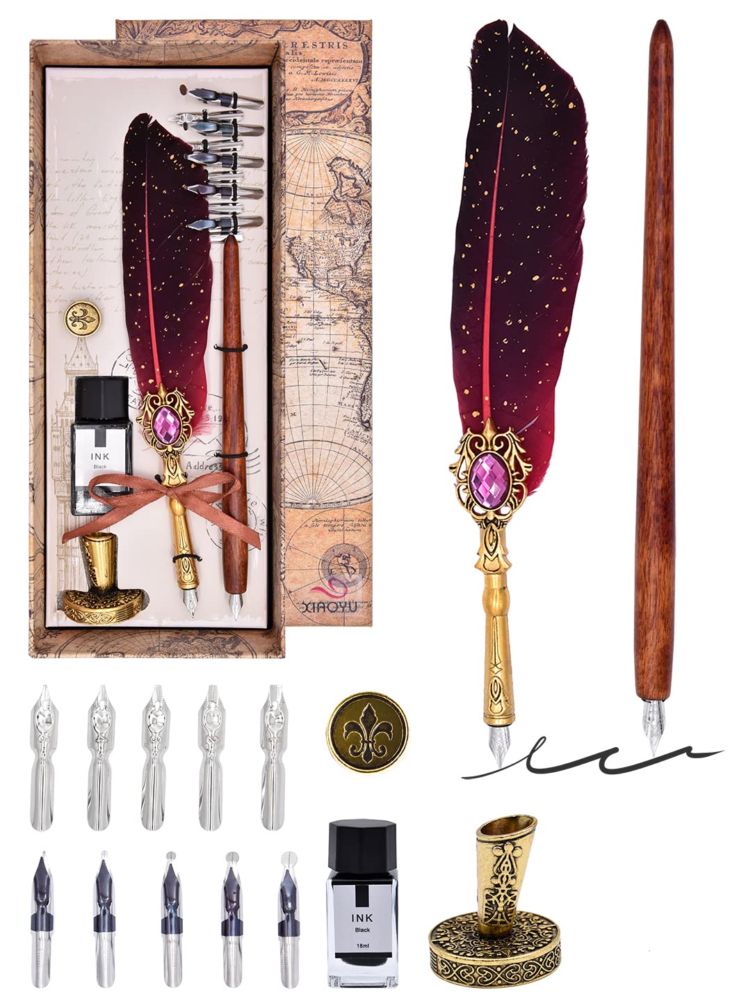XIAOYU Feather Calligraphy Pen Ink Set, incluedes Quill Pen and Wooden Dip Pen, 10 Replacement Nibs, Ink & Pen Nib Base for Writing, Drawing, Signature, Wine Red