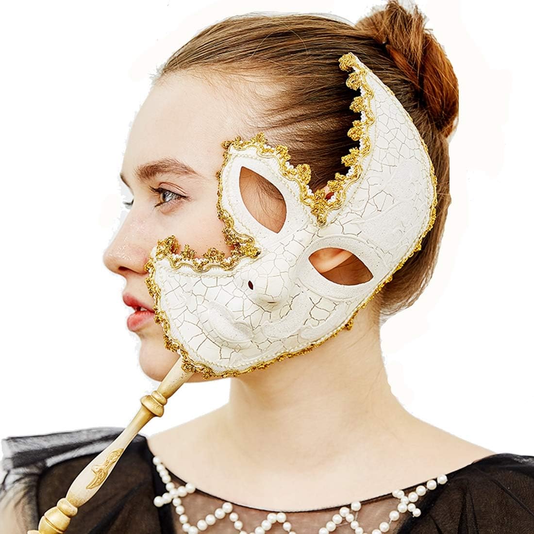YUFENG Women Hand-held Mask, Venetian Costume Masquerade Mask on Stick, Color7, 19inchLx5inchW