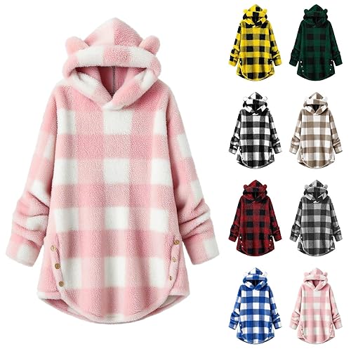Womens Fleece Hoodies Fluffy Hoody Sweatshirts Checked Hooded Pullover Tops Ladies Warm Cozy Furry Long Hoodies Oversized Long Sleeve Fall Winter Sweatshirt Button Longline Outerwear for Women UK