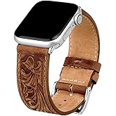Deeplus for Apple Watch Band 45mm 44mm 42mm 41mm 40mm 38mm, Carved Handmade Bump Retro Genuine Leather Flower Replacement Strap for Men Women Brown Bracelet for Iwatch Series 7 6 5 SE 4 3 2 1