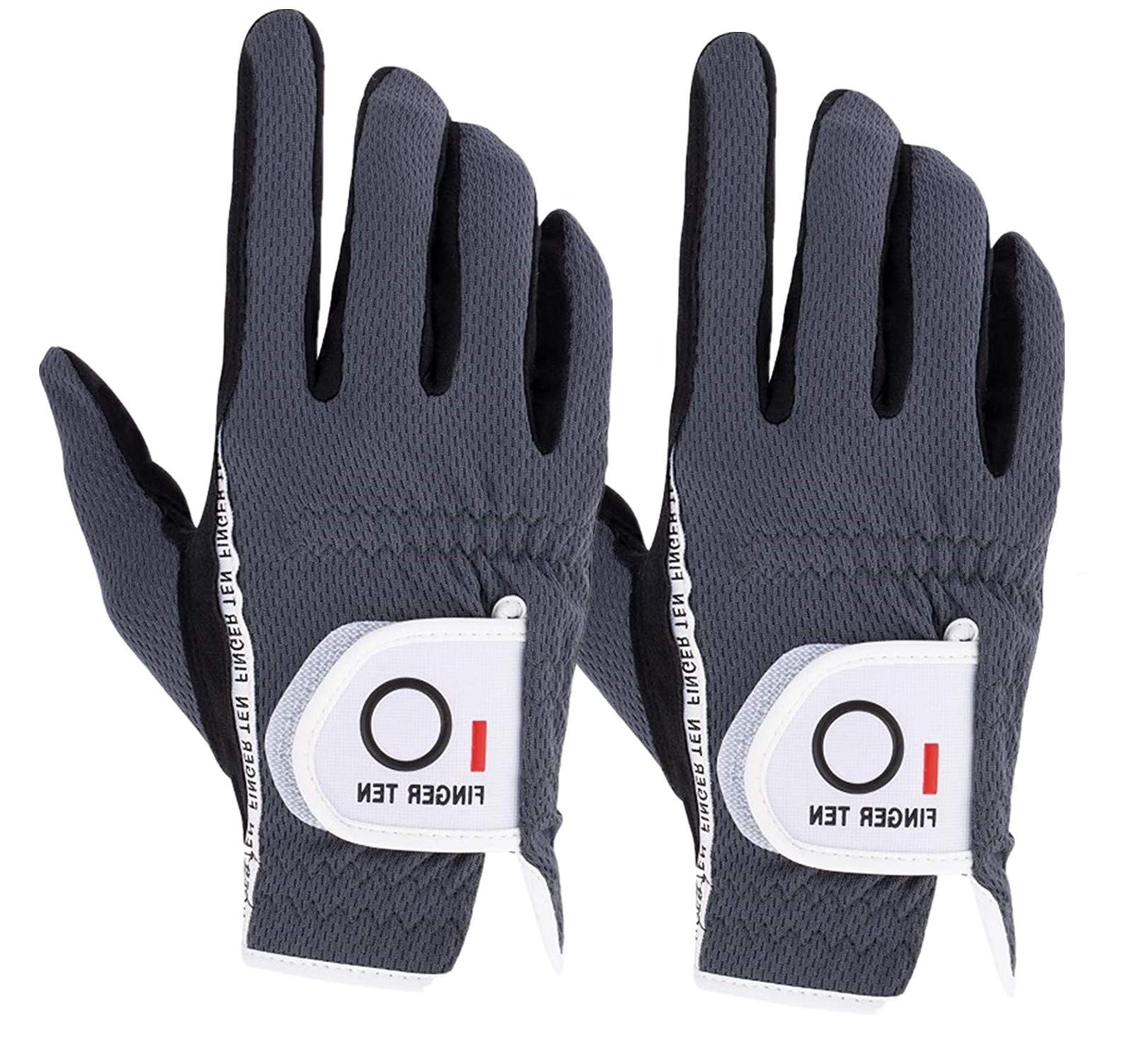 FINGER TEN Golf Gloves Men Right Hand Rain Grip Weathersof Value 2 Pack, Mens Golf Glove Wear Resistant Non Slip Color Grey Flexible Durable (Grey-2 Pack, M-Worn on Right Hand)…