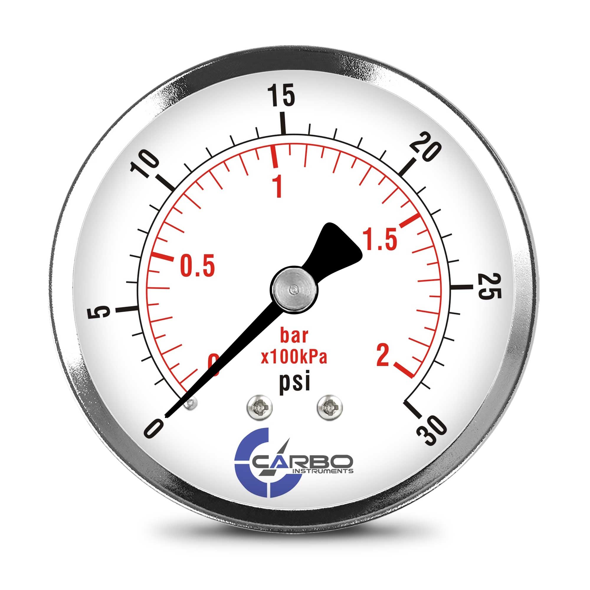 CARBO Instruments 2-1/2" Pressure Gauge, Chrome Plated Steel Case, Dry, 0-30 psi/kPa, Back Mount 1/4" NPT
