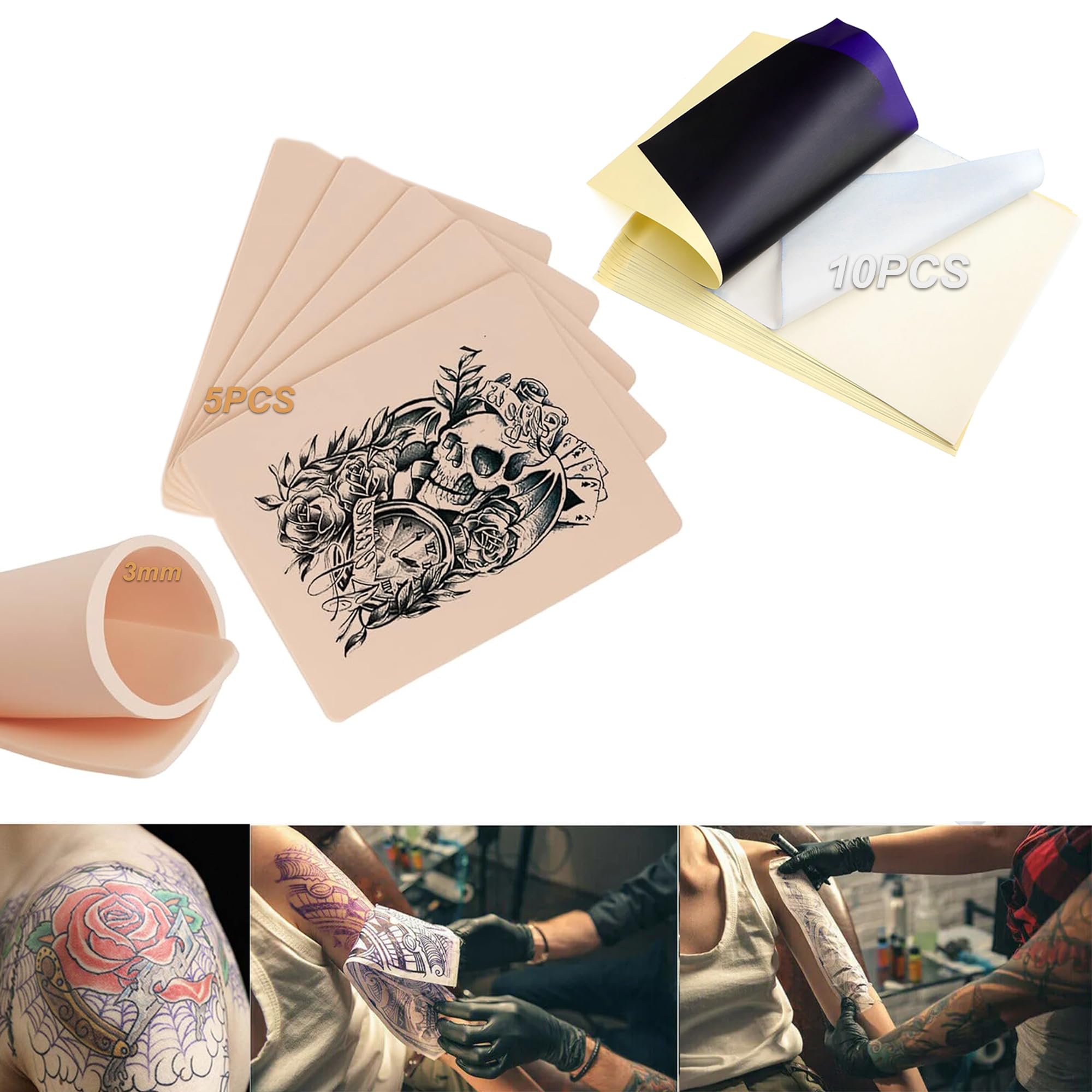 Techson Tattoo Skin Practice, 5Pcs 3mm Blank Double Slides Fake Skin for Tattoo Beginners and Microblading Eyebrow Practice (7.4 x 5.6in) (5 x 3mm Skins+ 10 x Paper) — image 1