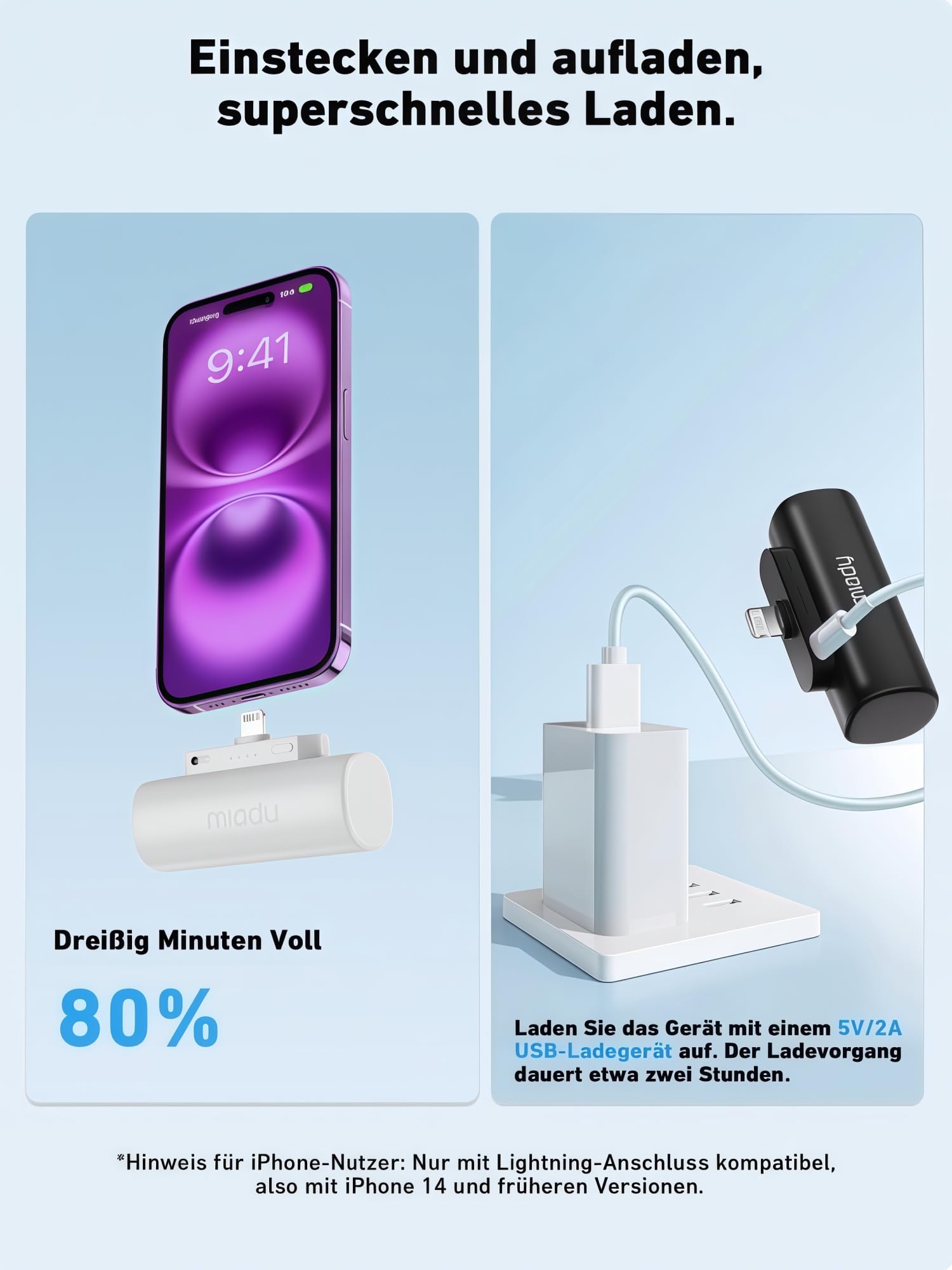 Miady 5000mAh Mini Powerbank für iPhone, klein Aber stark Externe Handyakku 3