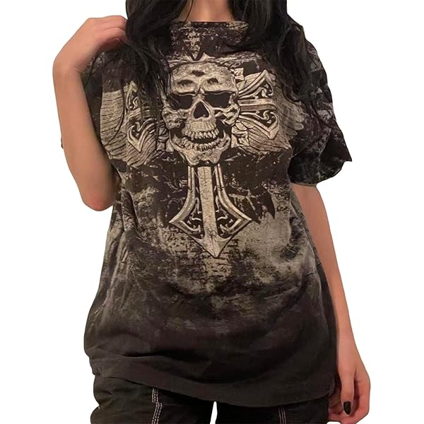 skull 00s print long sleeve y2k スワロフスキー Cyber Grunge Long Sleeve Top - Y2K E-girl Graphic Tee
